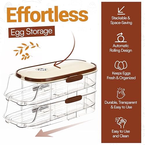 Auto Rolling Egg Holder for Fridge, 2-Tier Gravity-Fed Dispenser