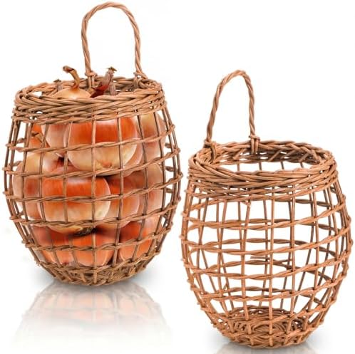 Elsjoy Set of 2 Hanging Onion Basket, Wall Mount Small Wicker Baskets