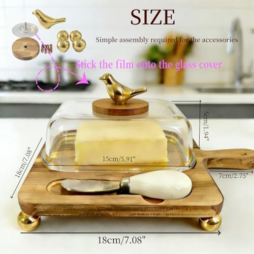 HAN SHENG Gold Bird Butter Dish with Glass Lid Knife, Butter Storage