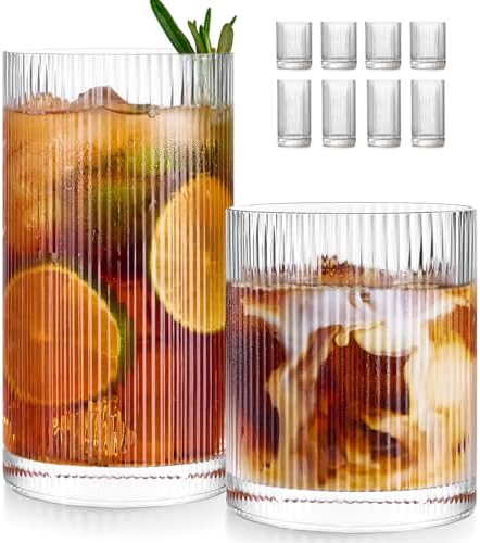 Ribbed Drinking Glasses Cups Set of 8 Large Capacity Highball