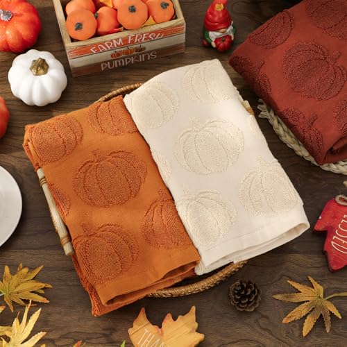 Whaline 3 Pcs Fall Hand Towel Beige Orange Brown 3D Pumpkin Jacquard