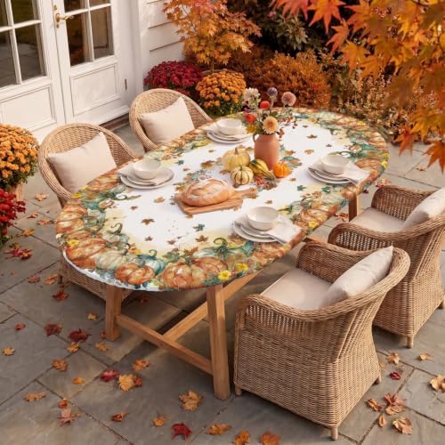 Horaldaily Fall Fitted Tablecloth for 64x44 Inch Oval,Pumpkin Leaves