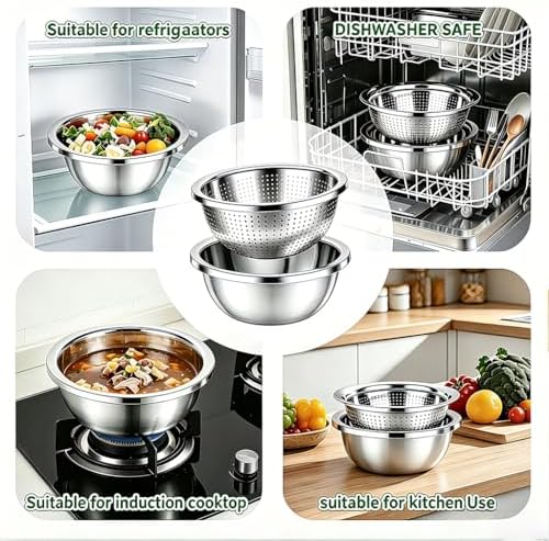 4-Piece Stainless Steel Mixing Bowls and Microporous Colanders Set, 3QT & 5QT Nesting Bowls with Fine Drain Strainers for Washing Rice, Fruits, Vegetables, Pasta, and More