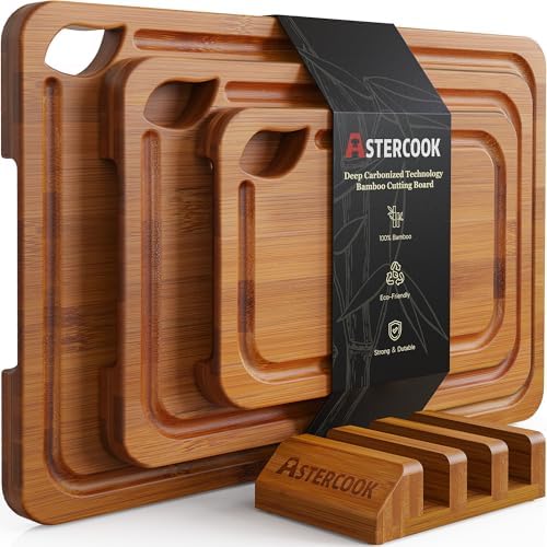 Astercook Deep-Carbonized Bamboo Cutting Boards for Kitchen with Wood