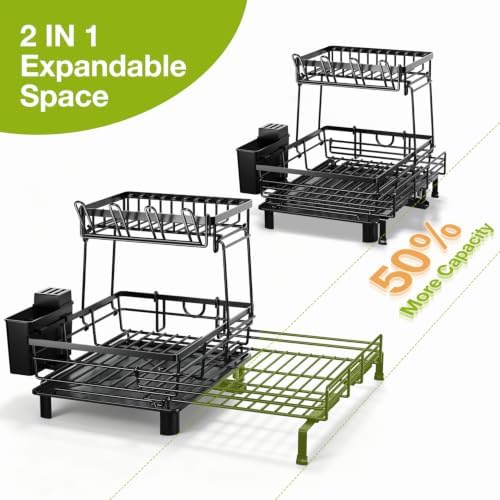 2-Tier Expandable Dish Drying Rack, Black