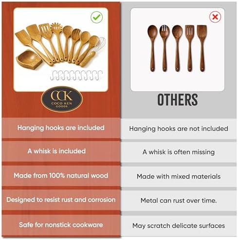 10 Pcs Natural Teak Wooden Utensil Set with Hooks
