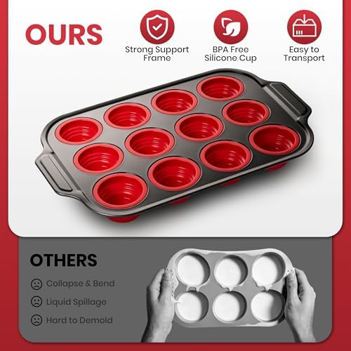Silicone Muffin Pans for Baking with Metal Frame - 12 Cups Cupcake