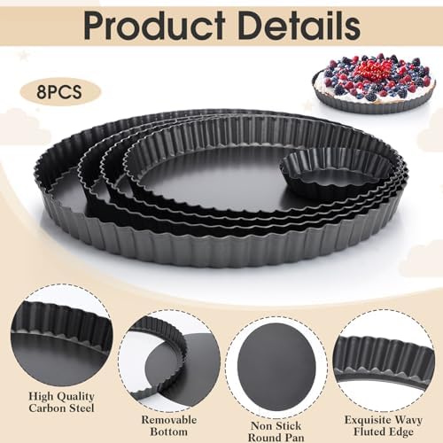 Ziliny 8 Pcs Tart Pan with Removable Bottom, Round Fluted Quiche Pans