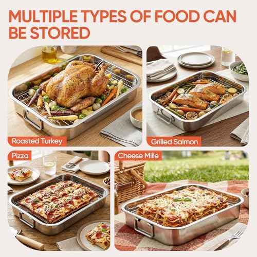 Roasting Pan with Rack,Nonstick Stainless Steel Turkey Roasting Baking Broiler Oven Pan Food Grade Roast Tray for Meat,Baking,Bread,Desserts,Snacks,Lasagna,etc (Medium)