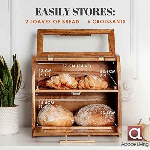 Arise Acacia Wooden Bread Box for Kitchen Countertop, Extra Large 2-Shelf