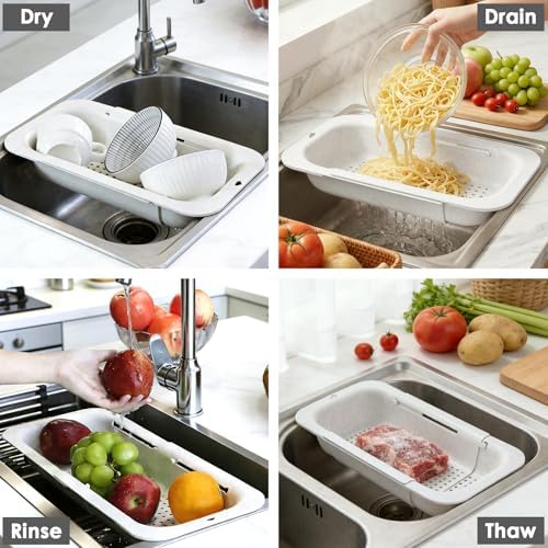 Over the Sink Colander Strainer Basket, Extendable Colander and