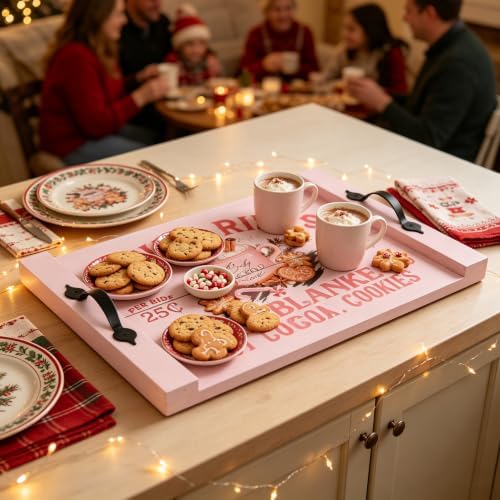 Pastel Pink Christmas Wooden Serving Tray with Metal Handles, Sleigh
