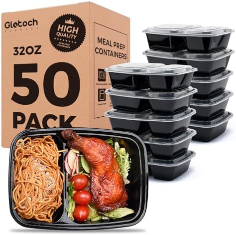 Glotoch 50 Pack(100-Piece)32oz 2-Compartment Meal Prep Containers with