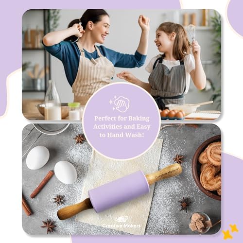Small Rolling Pin for Kids, Non-Stick Silicone Surface with Wooden