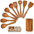 Brosisincorp 10-Piece Natural Teak Wood Spoon Set with Holder