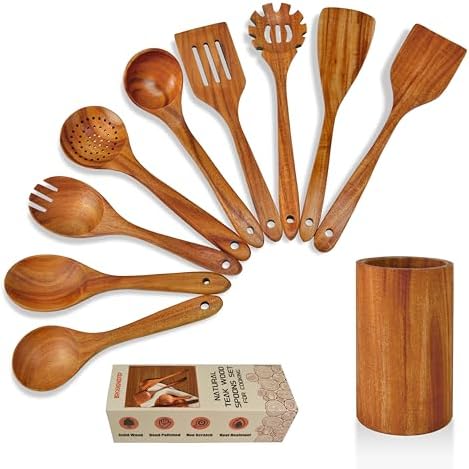Brosisincorp 10-Piece Natural Teak Wood Spoon Set with Holder