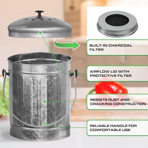 Plexon Stainless Steel Countertop Compost Bin with Charcoal Filter