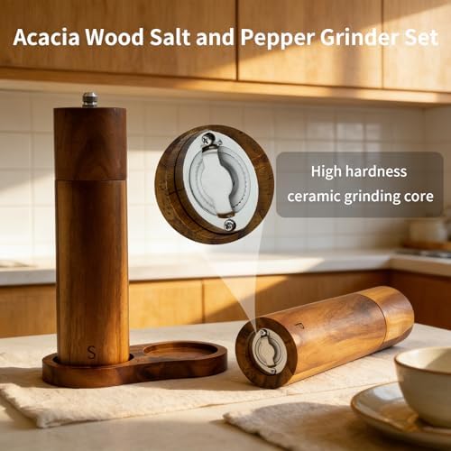 8 Inch Acacia Wooden Salt and Pepper Grinder Set, Refillable