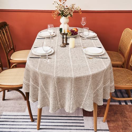 Light Coffee Farmhouse Striped Oval Tablecloth, 55×86 Inch Linen Cover