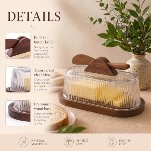 Glass Butter Dish with Lid for Countertop, Wood Base Butter Holder
