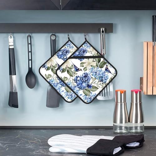 Blue Hydrangea Flower Bird Pot Holder Set, 2-Piece