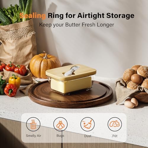 Glass Butter Dish with Bamboo Lid and Knife, Airtight Seal for