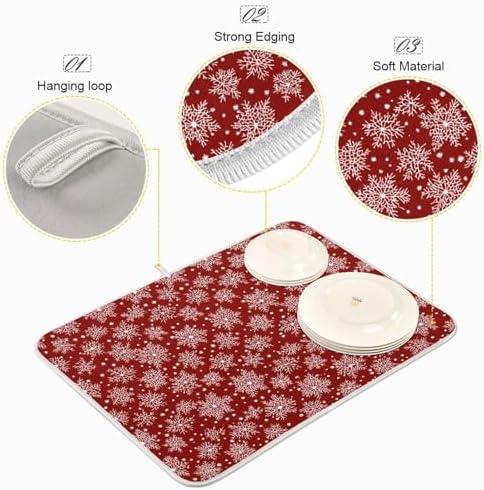OTVEE Snowflakes’ Red Canvas Dish Drying Mat for Kitchen Counter