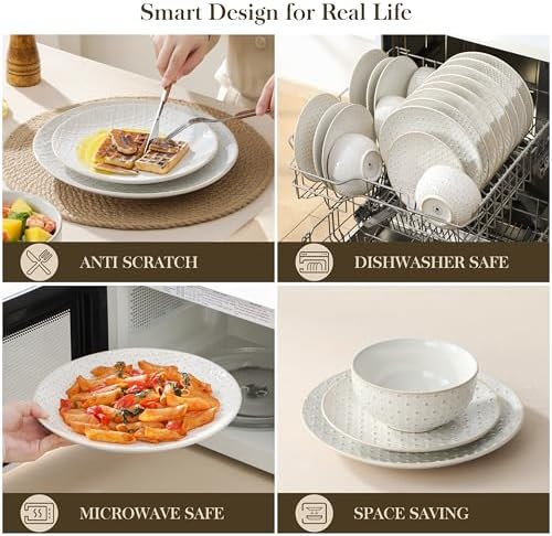 MALACASA 24-Piece Farmhouse Dinnerware Set for 8, Embossed White Stoneware Plates and Bowls Sets, Vintage Relief Ceramic Dish Set, Chip-Resistant, Microwave & Dishwasher Safe