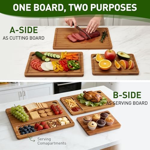 Bamboo Cutting Boards Set for Kitchen Non Toxic Solid Wood Chopping