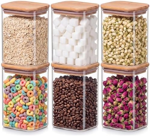 6-Pack 1.2Qt Rectangle Glass Storage Jars with Bamboo Lids