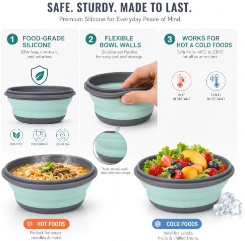 3-Piece Collapsible Silicone Bowls with Lids for Camping
