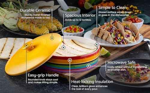 Kook Ceramic Tortilla Warmer, Hand Painted, with Lid, Rainbow Fiesta