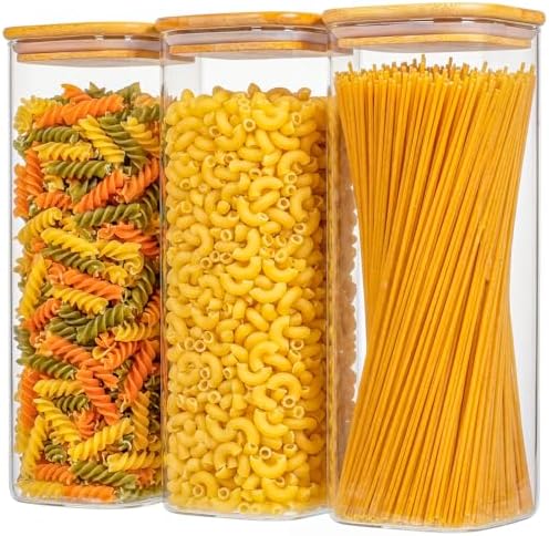 3-Pack 2.2Qt Square Glass Spaghetti Jars with Bamboo Lids