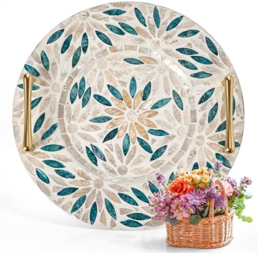 Mother of Pearl Decorative Tray with Metal Handle, Retro