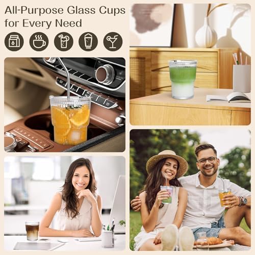 13oz Iced Coffee Cups,2Pcs Glass Cups with Lids and Straws Drinking