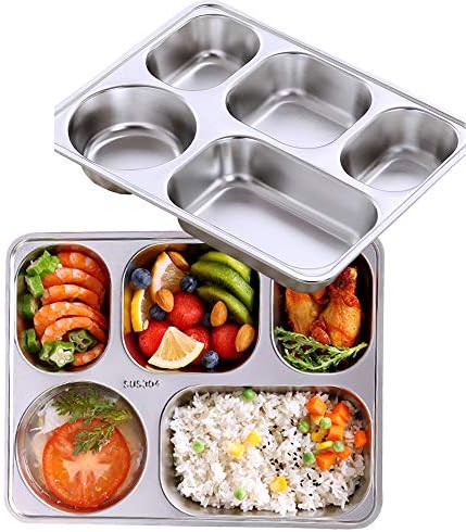 Set of 2 Stainless Steel Divided Plates Tray Rectangular 5 Sections