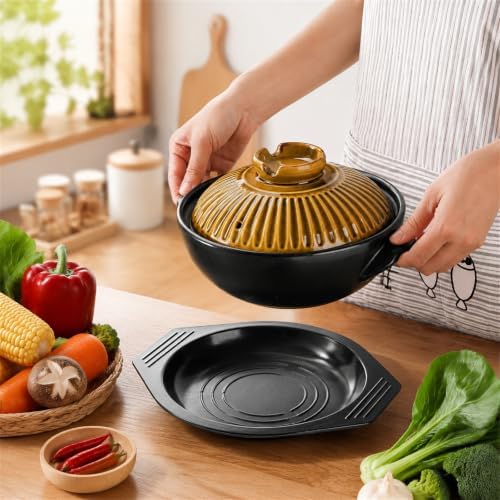 Okllen Large Korean Ceramic Bowl with Lid and Platter, 54 oz Clay Pot