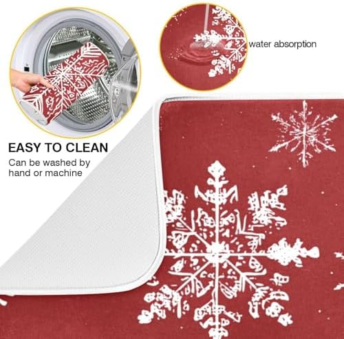 OTVEE Snowflake Red Aesthetic Dish Drying Mat for Kitchen Counter
