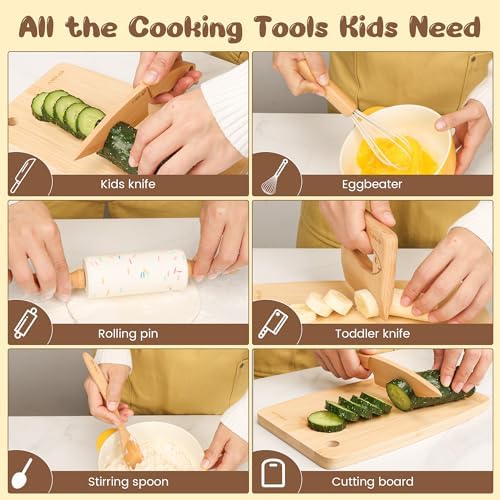 LUOLAO Wooden Kids Safe Knife and Toddler Baking Set, 6 PCS