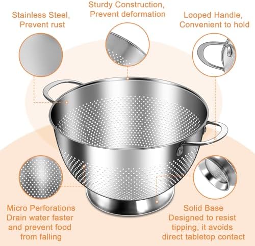 Stainless Steel Colander Set of 3 (1.5-3-5Quart) | Durable Rice and