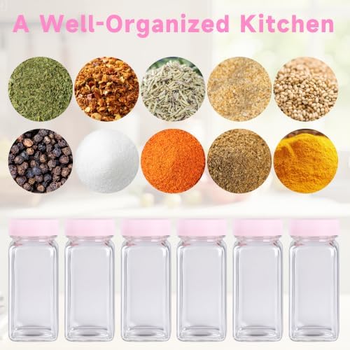 6 Pcs Glass Spice Jars with Label, 4oz Pink Airtight Seasoning