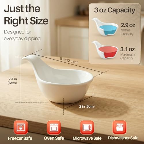 Flexzion Small Dipping Bowls with Handles, Ceramic White, 3 oz, 6-Pack