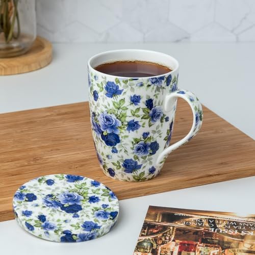 Chintz Dark Blue Roses Fine Bone China Tea Mug with Lid and Infuser
