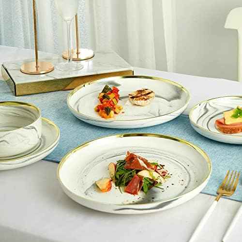 Pokini Marble Gold Rim Dinnerware Sets, Porcelain Plates and Bowls