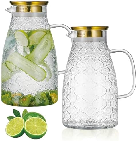 Buaic Glass Pitcher with Lid,2 PACK 68 oz/2 Liter Vintage Water