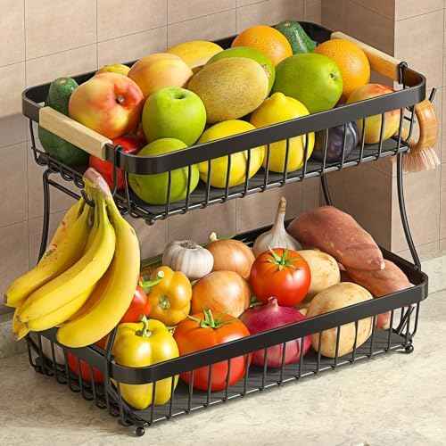 Sevenblue 2-Tier Fruit Basket with Banana Hangers, Detachable Metal Bowl