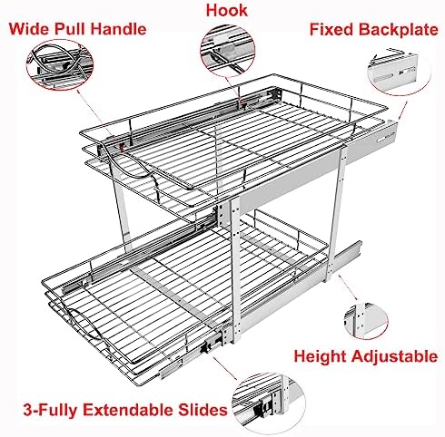 Sikarou Pull Out Cabinet Organizer 14"W 21"D 2-Tier Slide Out Storage Shelf