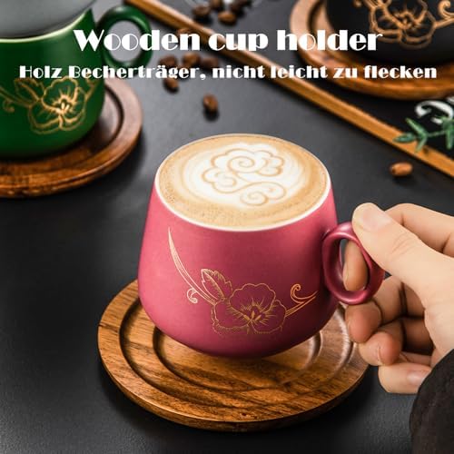 Yundu 10oz Cappuccino Cups & Wooden Saucers Set with Gold Floral Art