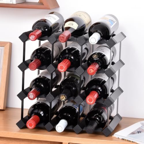 Countertop 12-Bottle Freestanding Modern Black Metal Wine Rack for