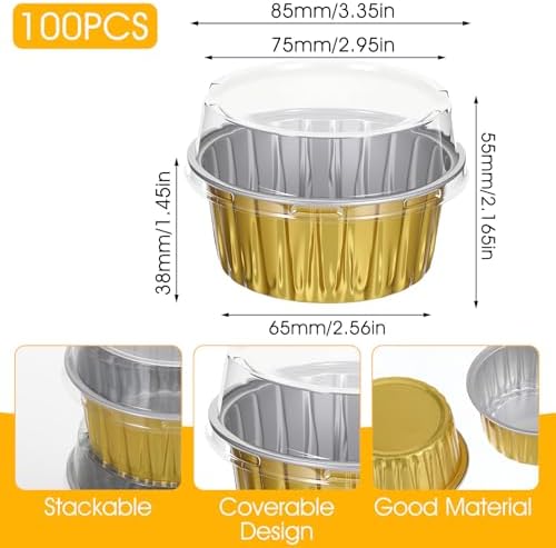 100Pcs 5oz Round Disposable Aluminum Foil Mini Cake Pans with Matching